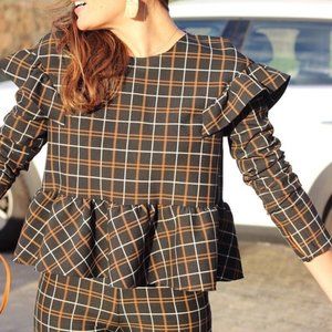 NWT ZARA CHECKED FRILLED PEPLUM TOP BLOUSE Medium